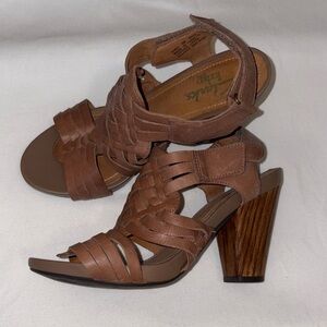 Clarks Tan Woven Leather Block-Heel Sandals